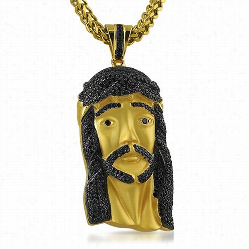 Large Gold Jesus Composition Pendant Black Cz