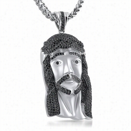 Large Rhodium Jesus Pendant Black Cz Hair