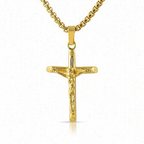 Micro Rounded Crucifix Gold Stainless Steel Pendant