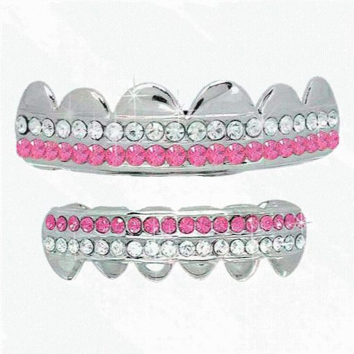 Pink / White Double Row Bling Silveer Top Bottom Grillz Set