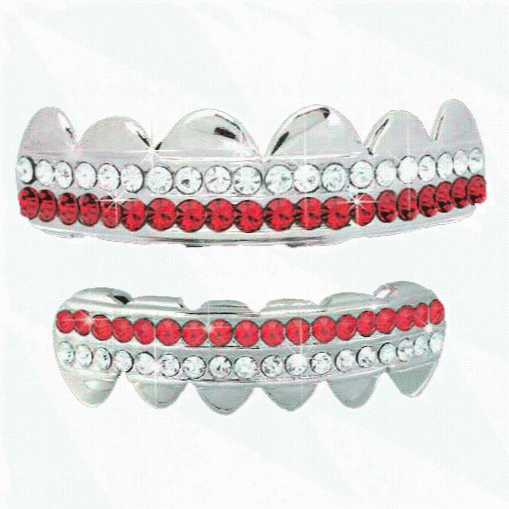 Red / White 2 Rank Bling Iced Out Grillz Top Bottom Set