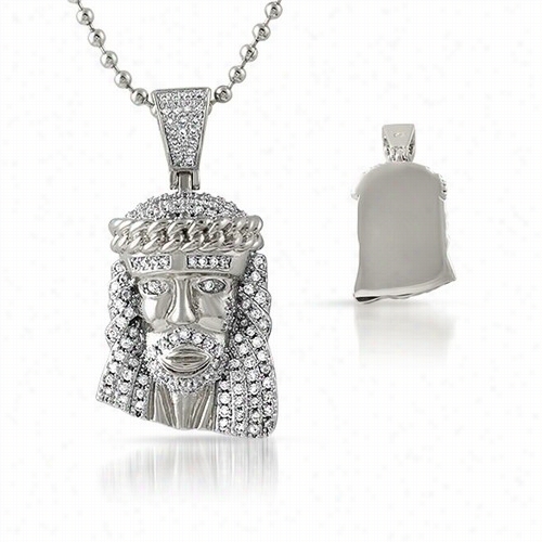 Rhodium Cuban Crown Micro Jesus Pendant