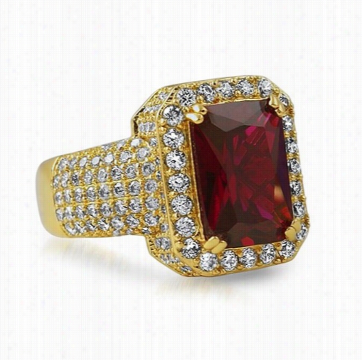 Rick Ross Styke Gold Iced Out Lab Ruby Bling Ring