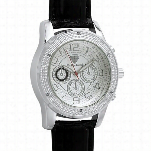 Sport Genuine Diamond Siilver Black Leather Watch