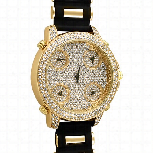 Working 5 Time Zone Gold Bling Bling Black Rubber Watch