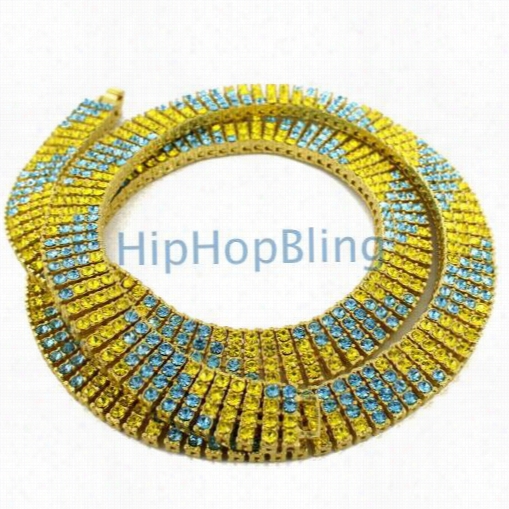 Yellow & Blue Candy  Cane Gold 4 Row Blin Gbling Necklace