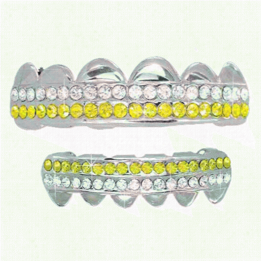 Yell Lwo White 2 Row Iced Out Grillz Top Bottom Set