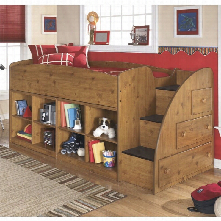 Ashley Stages 8 Cubby 3 Drawer Wood Twin Rigght Loft Bed In Brown