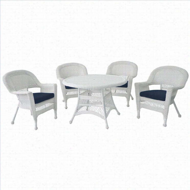 Jeco 5 Piece Wicker Patio Dining Set In White And Blue