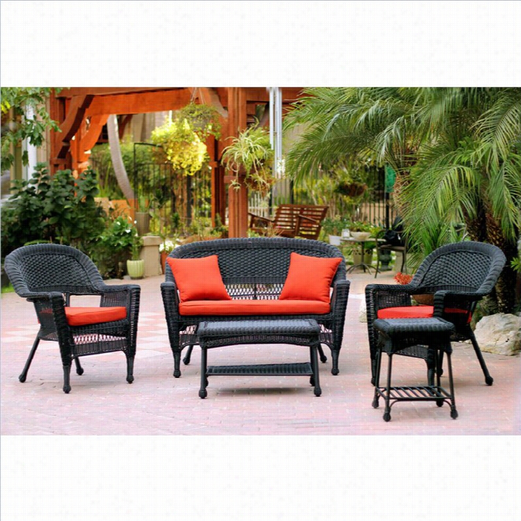 Jeco 5pc Wicker Conversation Placed In Black With Red Orange Cushions