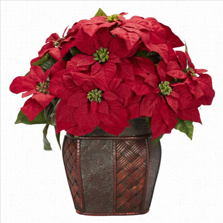 Nearly Natural Poinsettia With Decorative Vase Silk Arrangement In Red