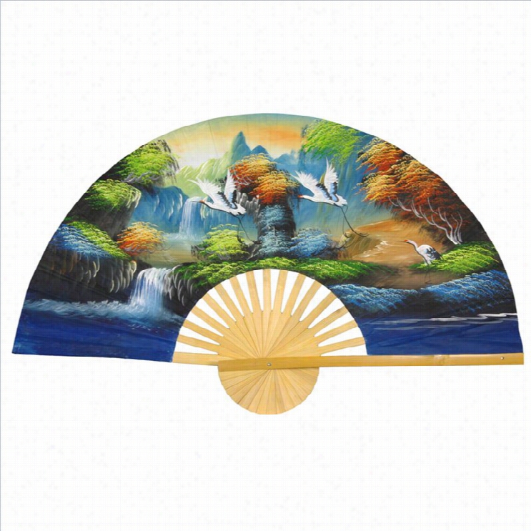 Oriental Furniture Flying Cranes Wall Fan Decor In Mluticolor-width 40