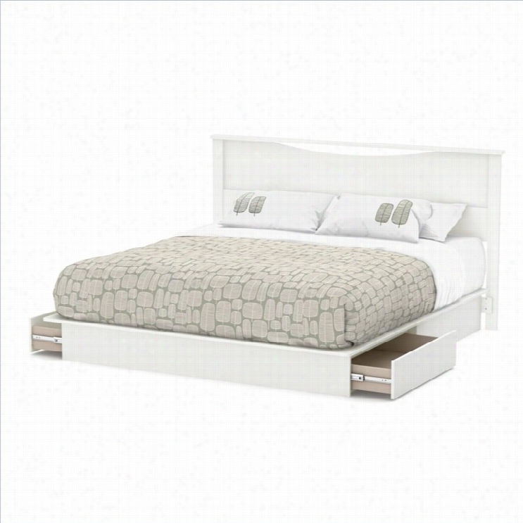 South Shore Measure One King Platform Bed With Headboard And Drawers In Pure White