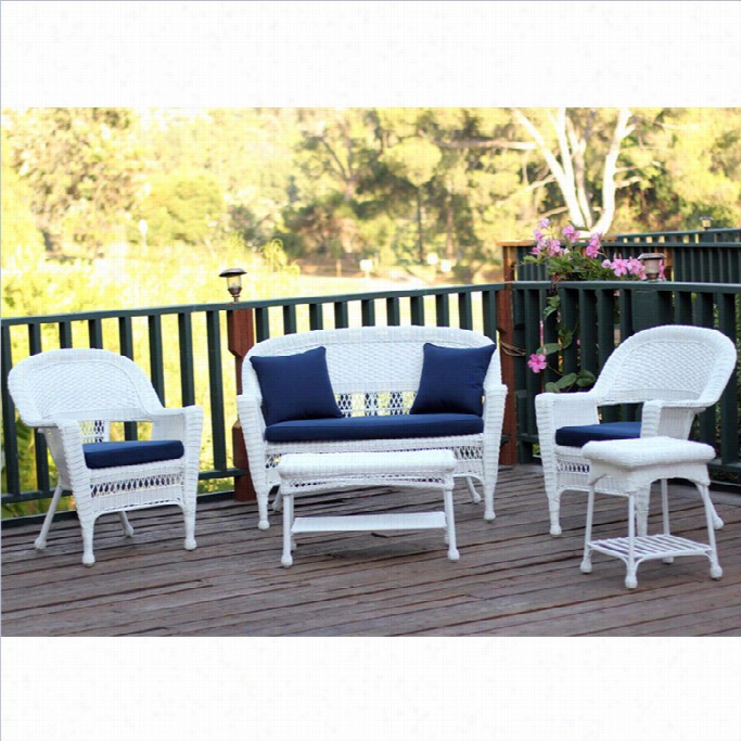 Jeco 5pc Wicker  Converation Set I Nwhite With Blue Cushions
