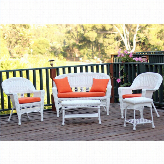Jeco 5pc Wicker Conversation Set In White With Orange Cushions