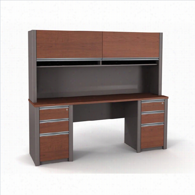 Bestar Connexi On Credenza And Hutch With 2 Assembled Pedestals In Borddeaux