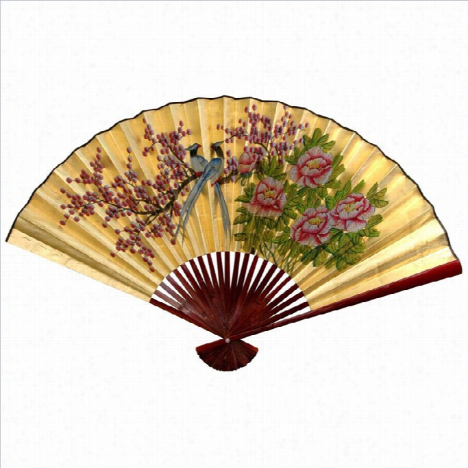 Oriental Movables Love Birds Fan In Gold-12 Inches