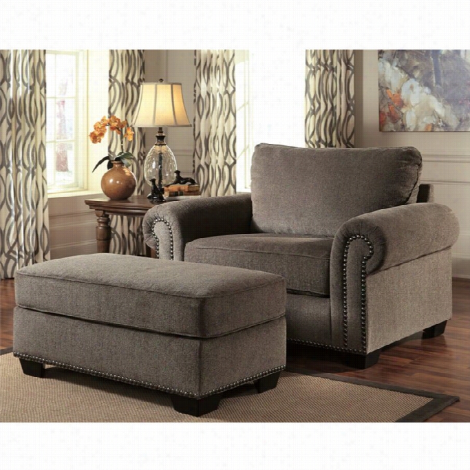 Ashley Emelen Chenille Oversized Accent Chai Wit H Ottoman In Alloy