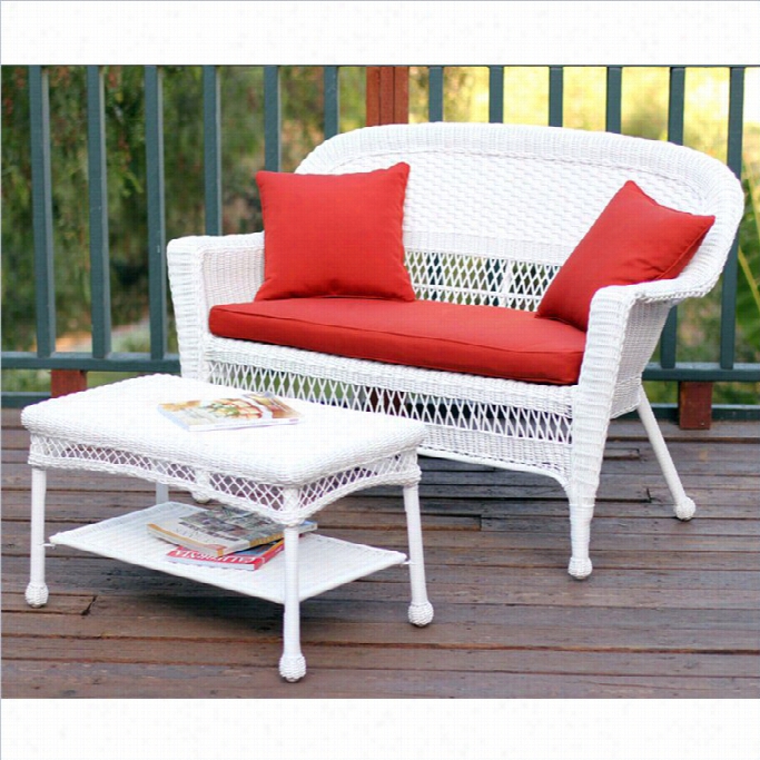 Jeco Wicker Patio Love Seat And Coffee Table Set In White With Red Orange Cushion