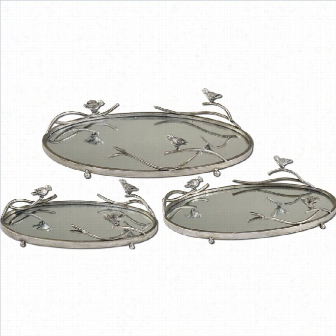 Uttermost Birds On A Member  Mirrored Trays In Antiqye Silver (set Of 3)