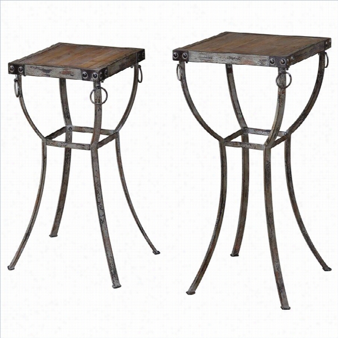 Uttermost Hewson Rustic Metal Plant Stands In Natural Wood (set Of 2)