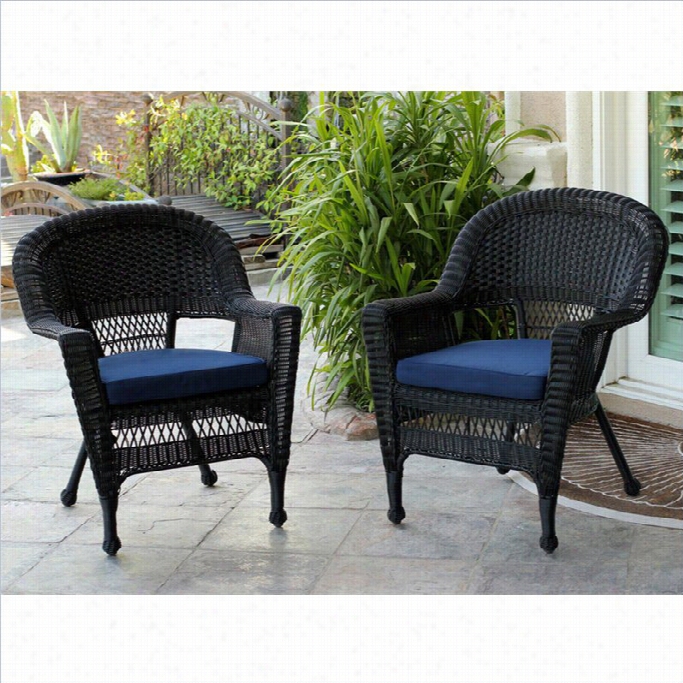 Jeco Wicker Chir In Black Iwth Bluecushion (set  Of 2)