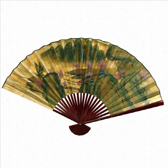 Oriental Furniture Mountain Landscape Fan In Gold-12 Iinches