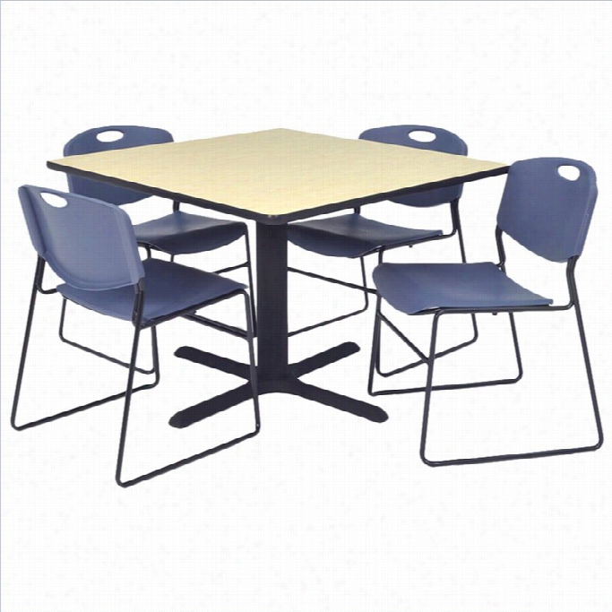 Regency Square Table Wifh 4 Zeng Stack Chairs In Maple And Blue-30