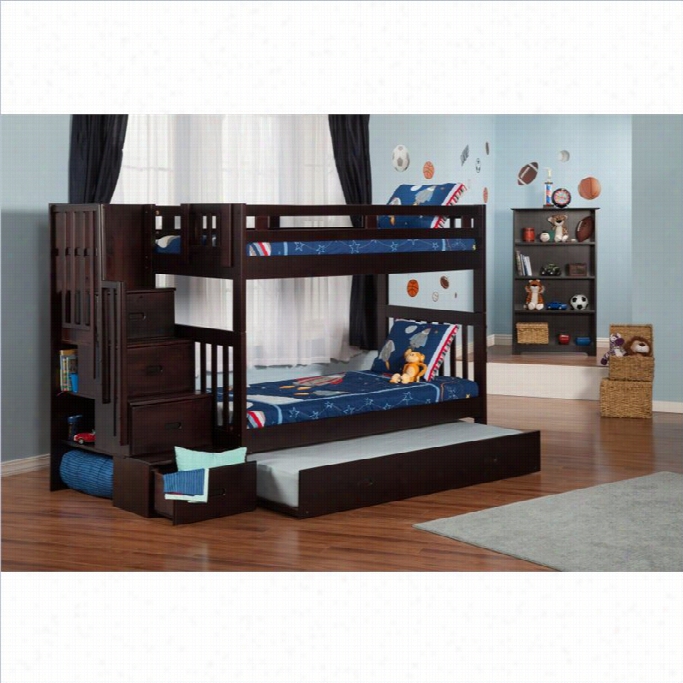 Atlantic Furniture Cascade Staircase Bunk Bed In Espresso With Roll Bed-twin Over Doubled
