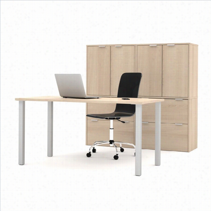 Bestar I3 Workstation With Storage Units And Short Huttchs In Northern Maple