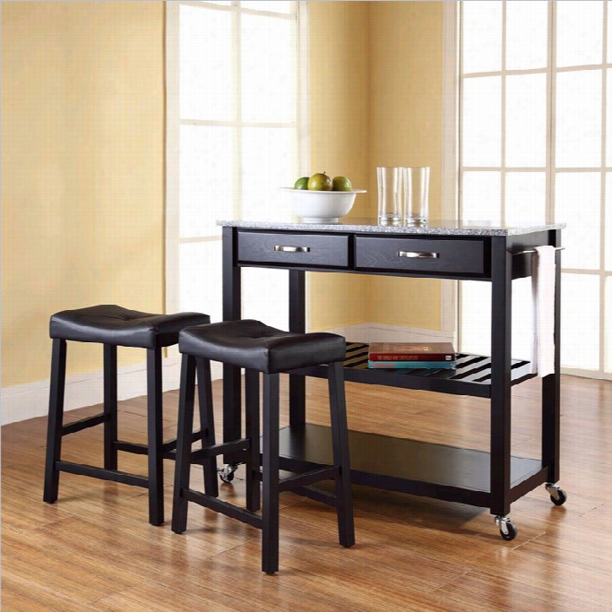 Crosley Solid Granite Top Kitchen Cart/island With Stools In Black