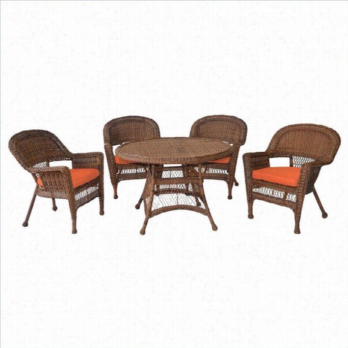 Jeco 5 Piece Wicker Patio Dining Set In Honey And Orange