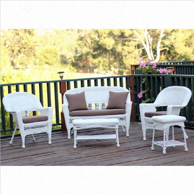 Jeco 5pc Wicker Cnoversation Set In White With Brown Cusshions