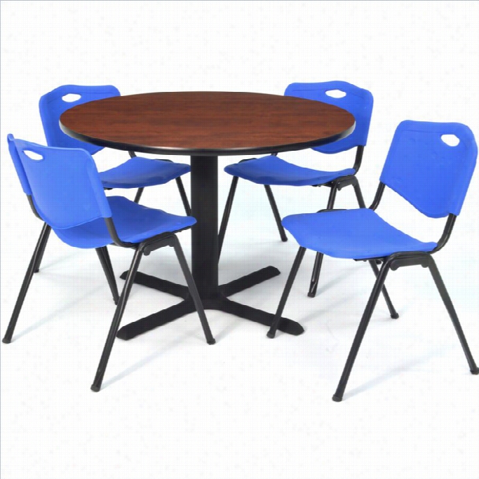 Regency Round Lunchroom Table And 4 Blue M Stack Chairs In Cherry