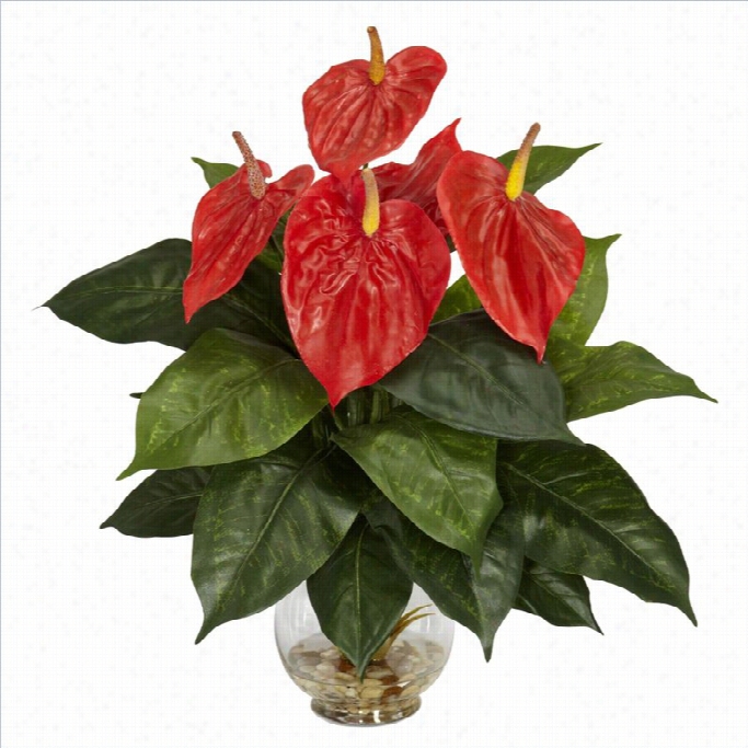 Nearly Natural Anthurium With Fluted Glass Bowl  Silk Plant In Red