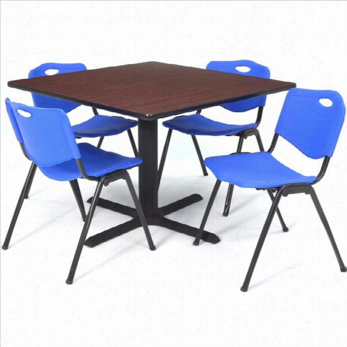 Regency Square Lunchroom Slab And 4 Blue M Stack Chairs In Mahogany