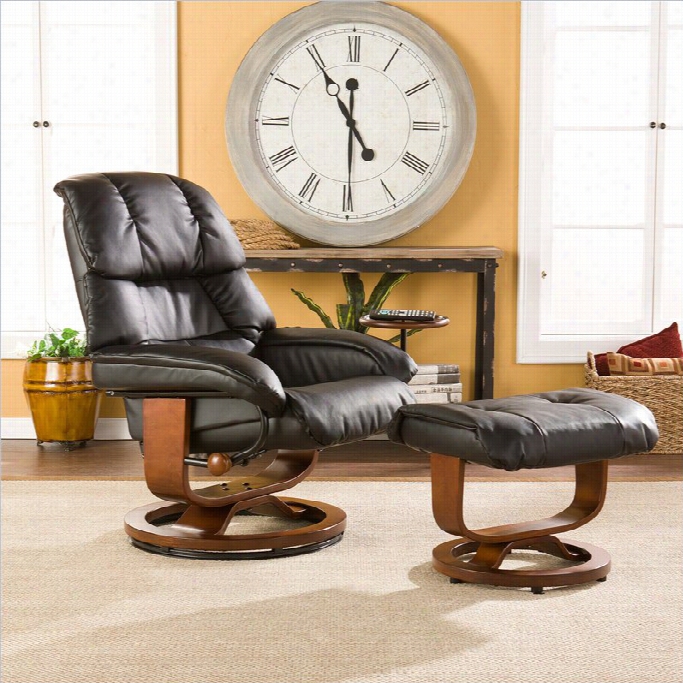 Southern Enterprises Canyon  Lake Leather Recliner Chair And Ottoman In Black