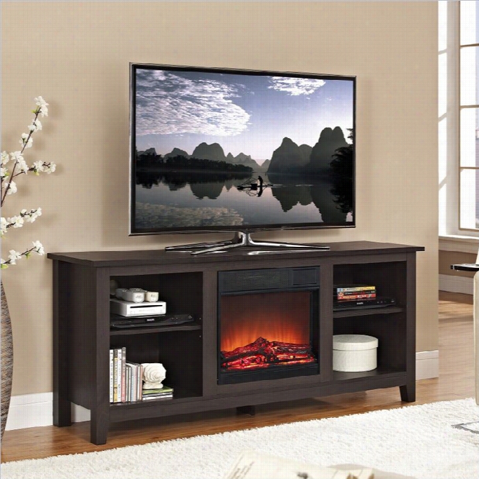 Walker Edison Essential 58 Wood Tv Stand With Fireplace In Espresso