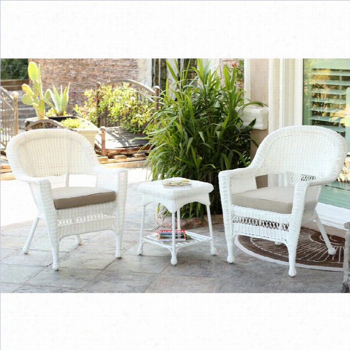 Jeco 3pc Wwhite Wicker Chair And End Table Se T In White With Convert Into Leather Chair Cushion