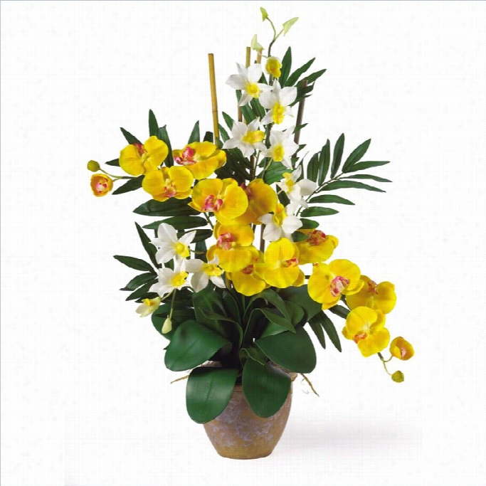 Nearly Natural Double Phal And Dendrobium S Ilk Flower Arrangment In Yellow And Crea M