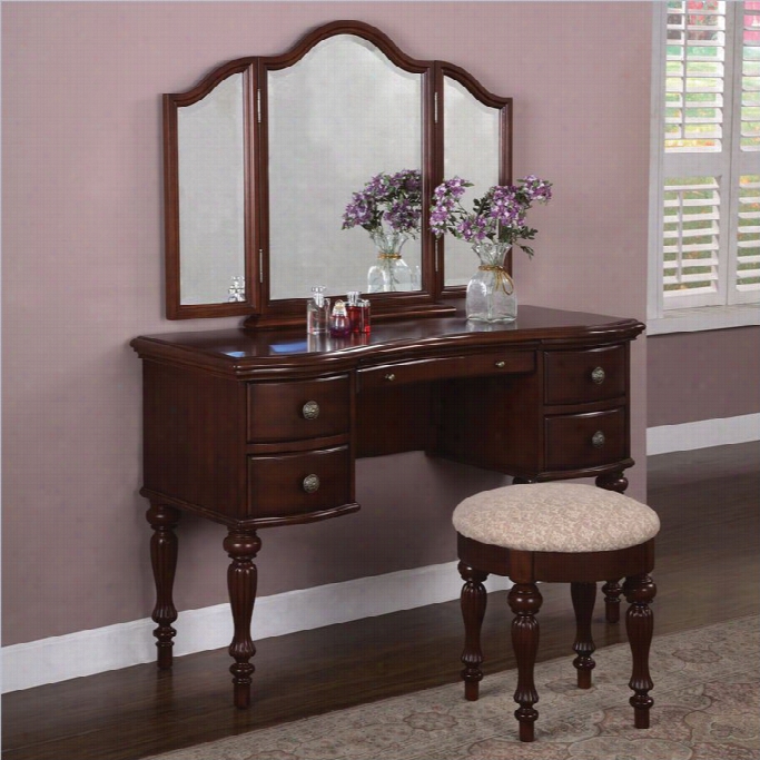Powell Equipage Marquis Cherry Wood Makeup Vanity Table With Mirror And Bench