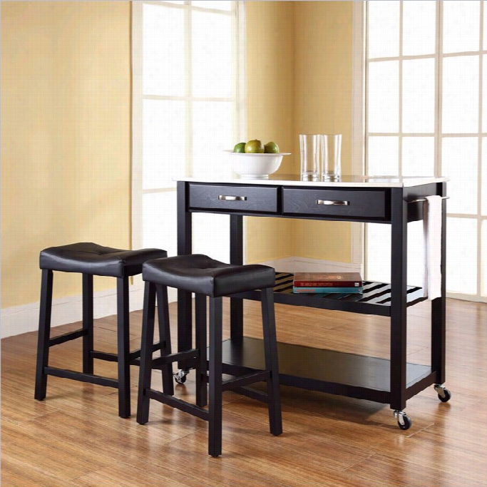 Crosley Stainless Steel Top Kitchen Cart/island With Stools In Black