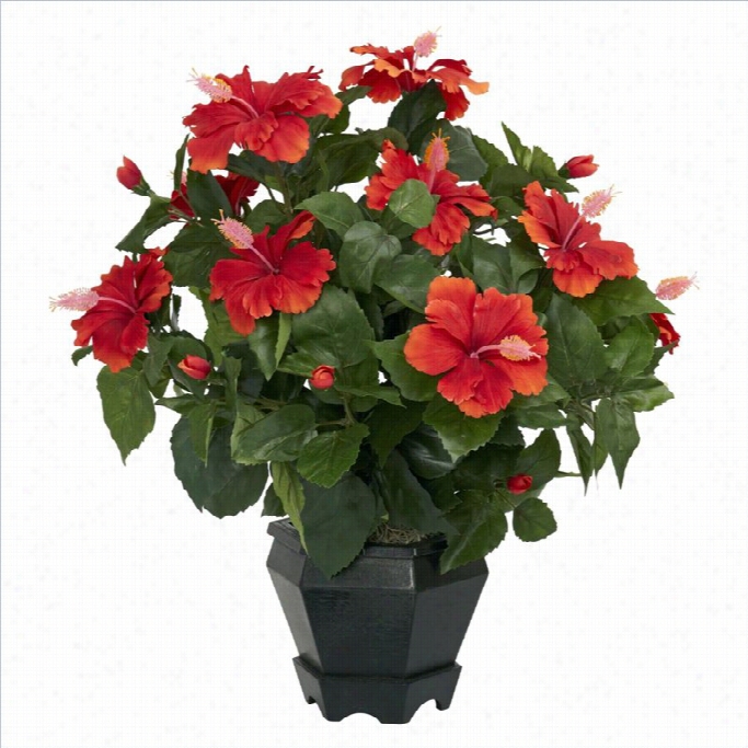 Nearly Natural Hbiiscus With Black Hexagpn Vase Silk Plant In Orange
