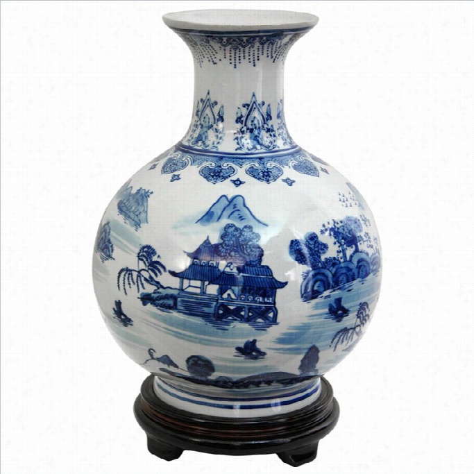 Oriental Furniture Landscape Vase In Blue And White