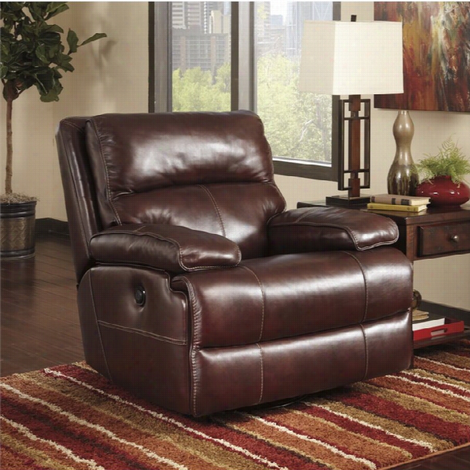 Ashley Lensar Leather Swivl Power Rocer Recliner In Buurgundy