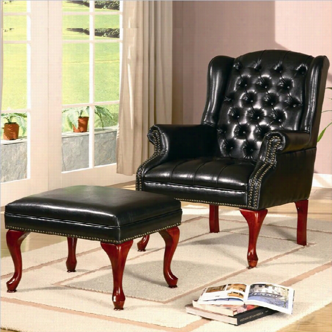 Coaster Wing Back Tufted Faux Leather Arm Chair And Ottoman In Black