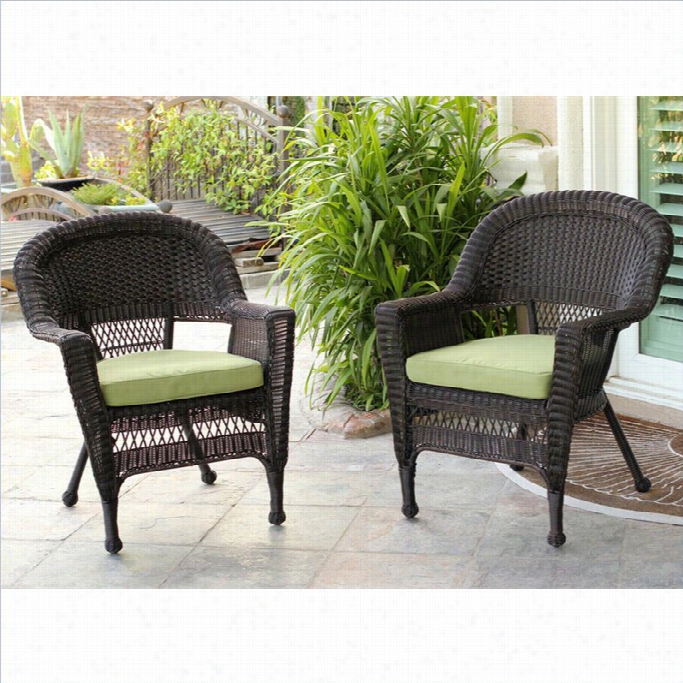 Jeco Wicker Chair In Espresso With Green Cushi On (set Of 2)