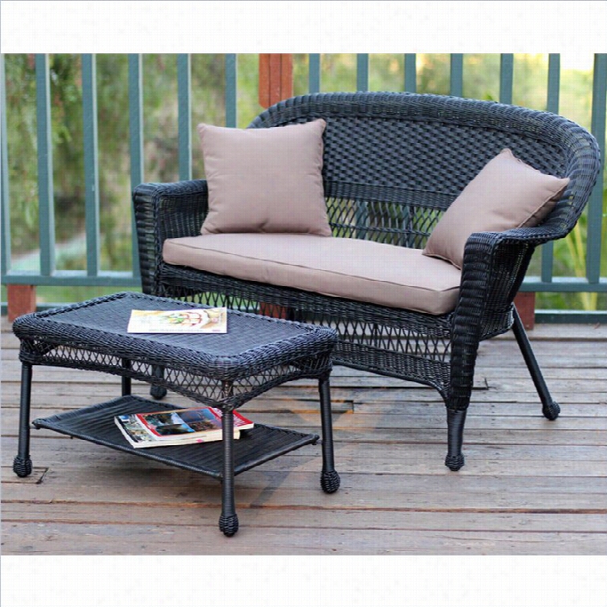 Jeco Wicker Patio Love Seat  And Coffee Table Set I N Black With  Brown Ccushion