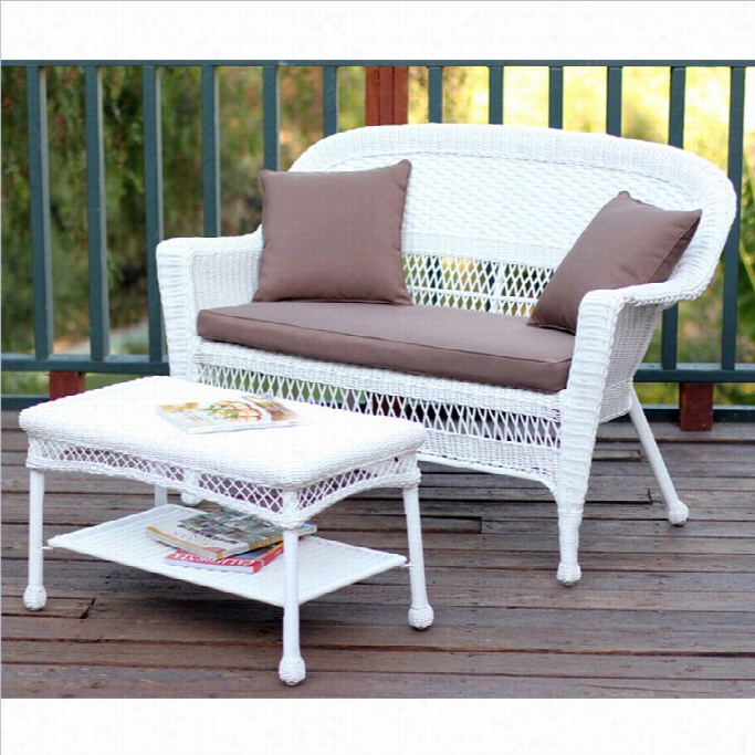 Jeco Wicker Patio Ove Seat And  Coffee Tabel Set In White With Brown Cushion