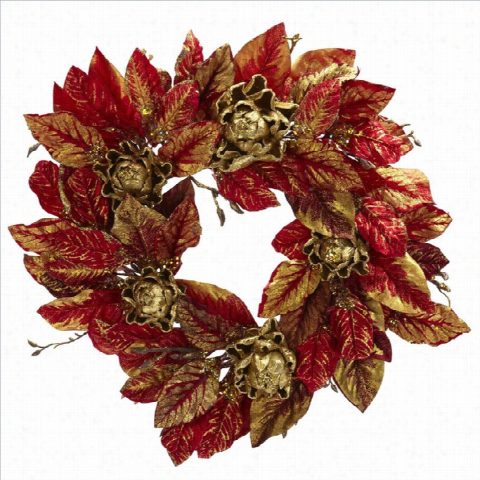 Nearly Natural 24 Burgunndy And Gold Artichoke Wreath